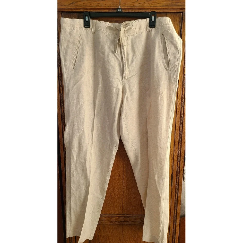 Tasso Elba Island Mens XL Beige 100% Linen Drawstring Straight Leg Pants SP17